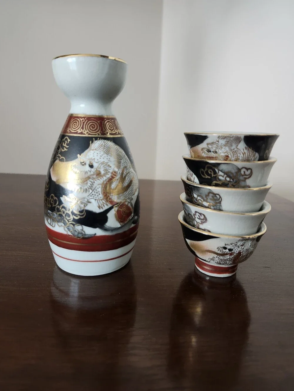 Vintage Japanese Kutani Dragon Sake Set with Gold Accents - White, Black, Red